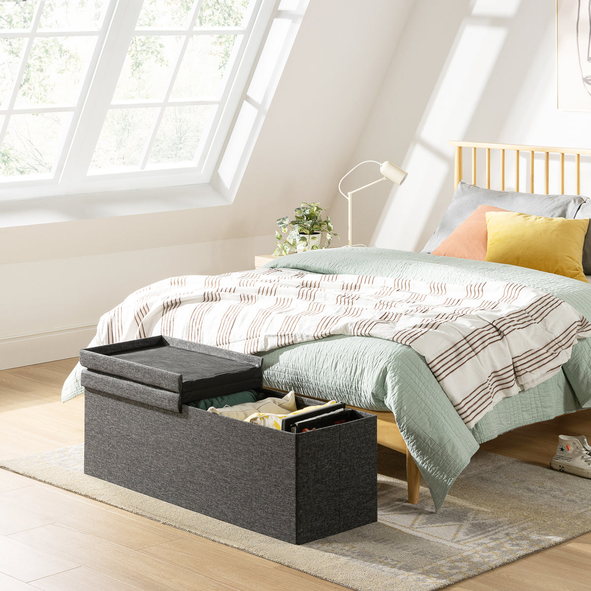 Smart Lift Top Storage Ottoman : 45 Button Tufted Linen – Mellow Home